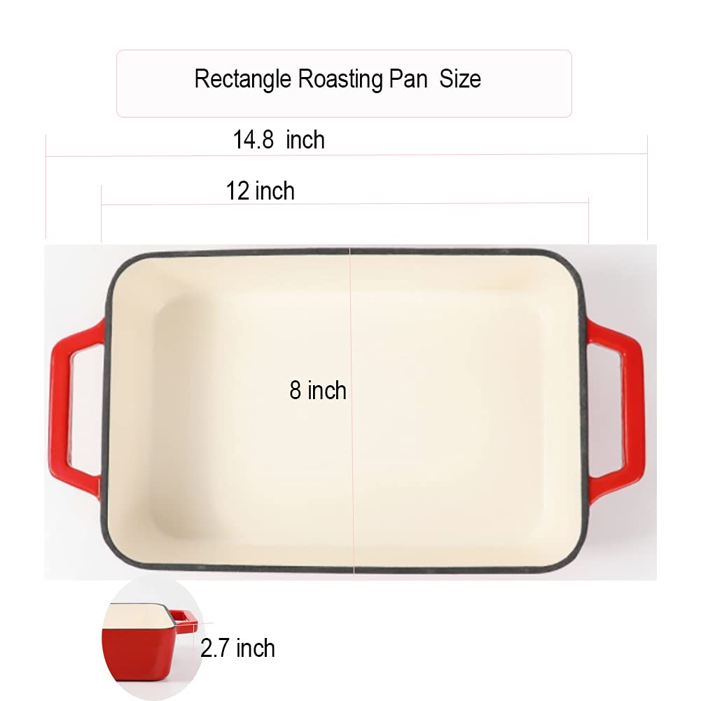 HAWOK Cast Iron Rectangle Baking Dish, 12"×8", 3QT, Enameled, Red, Ideal for Lasagna and Roasting
