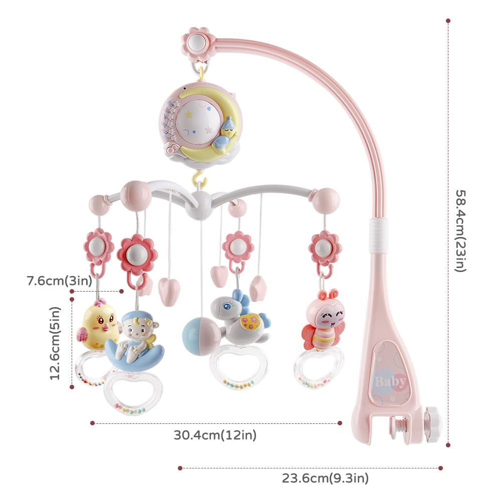 Baby Musical crib Mobile with Timing Function Projector and Lights Hanging Rotating Rattles and Remote control Music Box with 150 Melodies Toy for Newborn 0-24 Months
