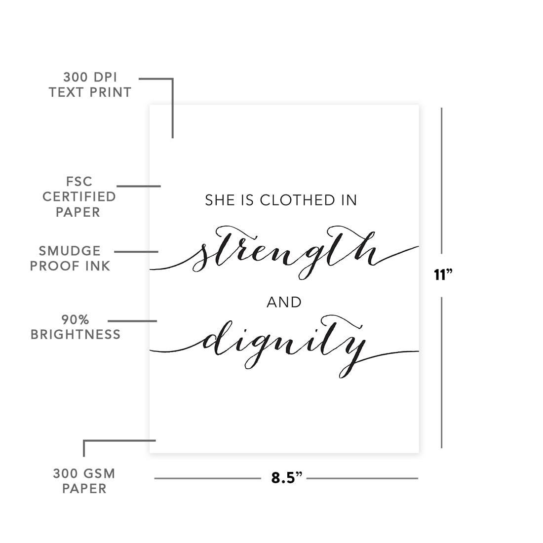 Andaz Press Unframed Black White Wall Art Decor Poster Print, Bible Verses, She Is Clothed With Strength And Dignity And Laughs