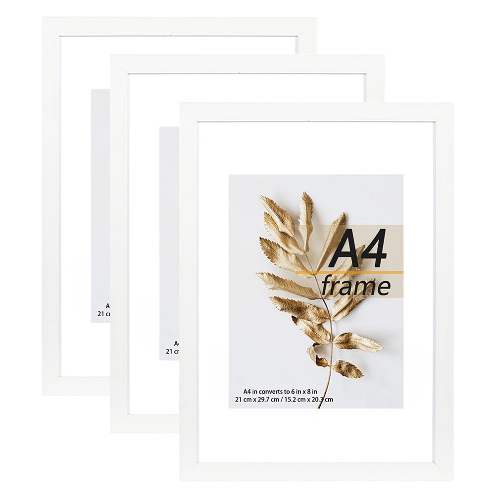 Hogaryo A4 Picture Frame White 3 Pcs set can Display 6x8 Picture with Mat or A4 Without Mat on the Wall