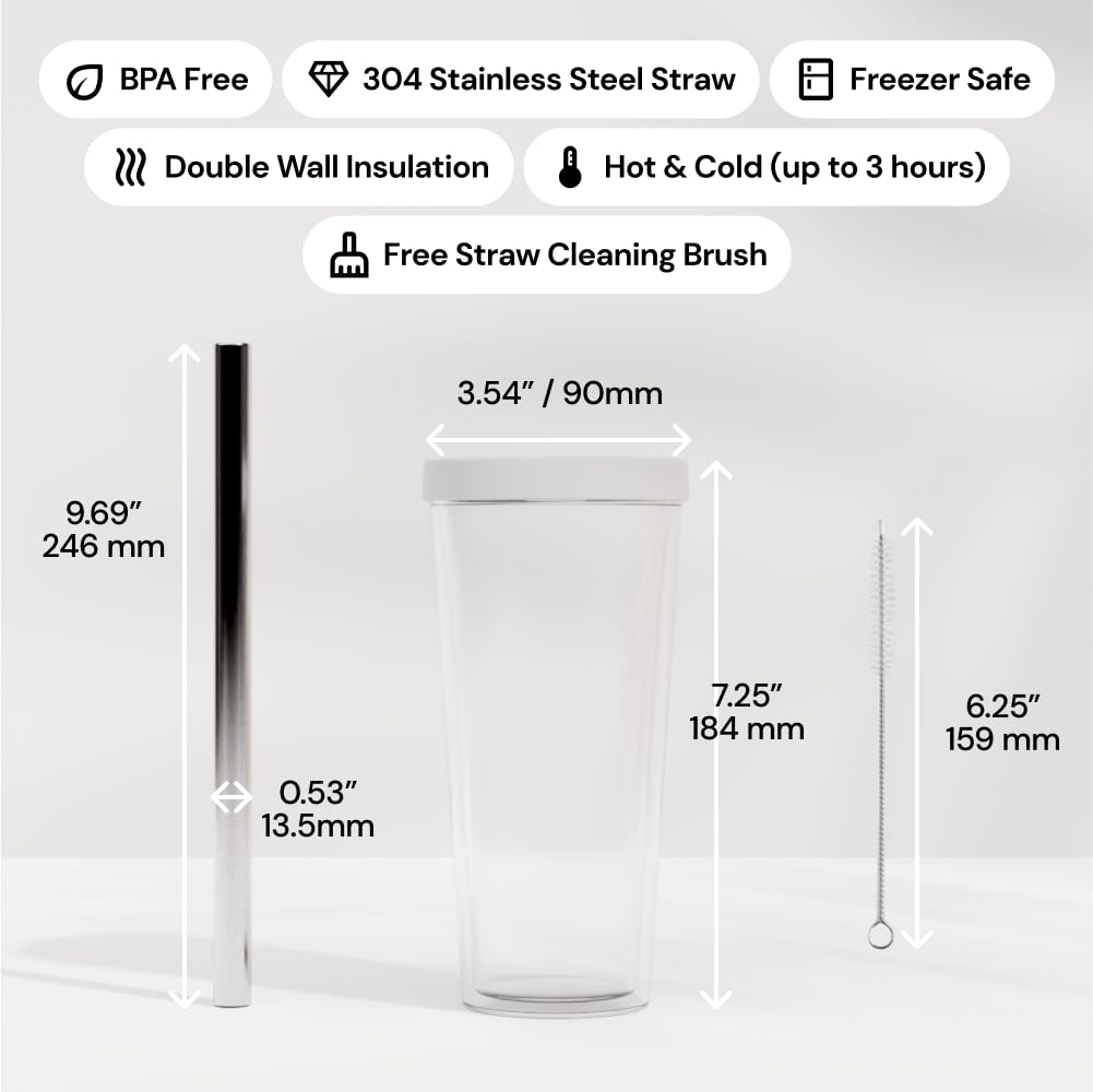 Reusable Boba Cup With Resealable Lid Plug - 17 Oz Double Wall Insulated | Smoothie Tumbler | Wide Stainless Steel Straw For Bub