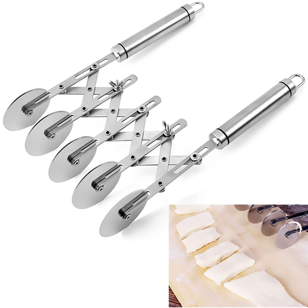 Dadamong 5 Wheel Pastry Cutter With Handle, Stainless Steel Adjustable Pizza Slicer Multi-Round Dough Cutter Roller, Fondant Rib
