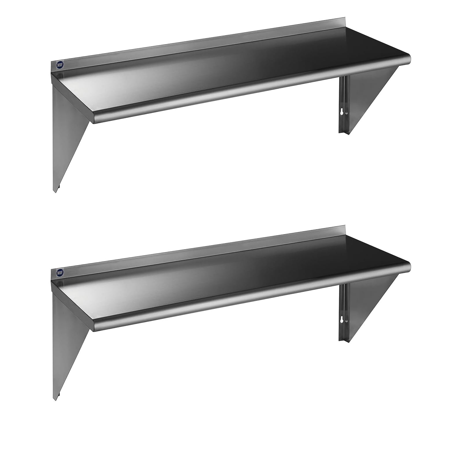 ROCKPOINT Stainless Steel Shelf 18 x 48 Inches 400lb, 2 Pack NSF Commercial Wall Mount Floating Shelving with Backsplash for Res
