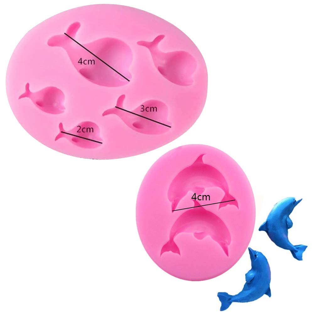 Set Of 2 Dolphin Fondant Molds Whale Silicone Sugarcraft Mold Diy Cake Decorating Tools Cupcake Chocolate Candy Polymer Clay Res