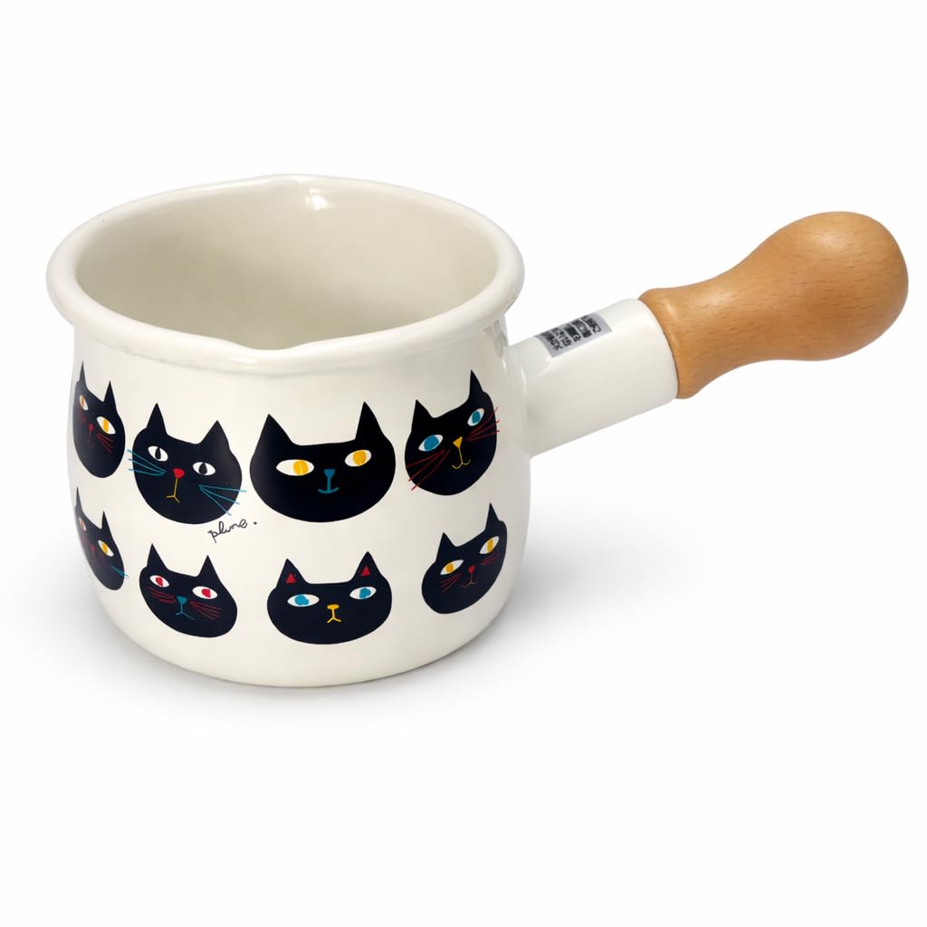 0.6 qt Butter Warmer Enamel Milk Pan [Made in Japan] Mini Saucepan with Pour Spout Butter Melter Milk Boiler (Cat face)