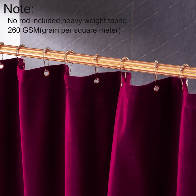 Velvet Burgundy Shower Curtains For Bathroom,260 Gsm Heavy-Duty Red Fabric Luxury Shower Curtain With Hooks, Washable, Thicken,W