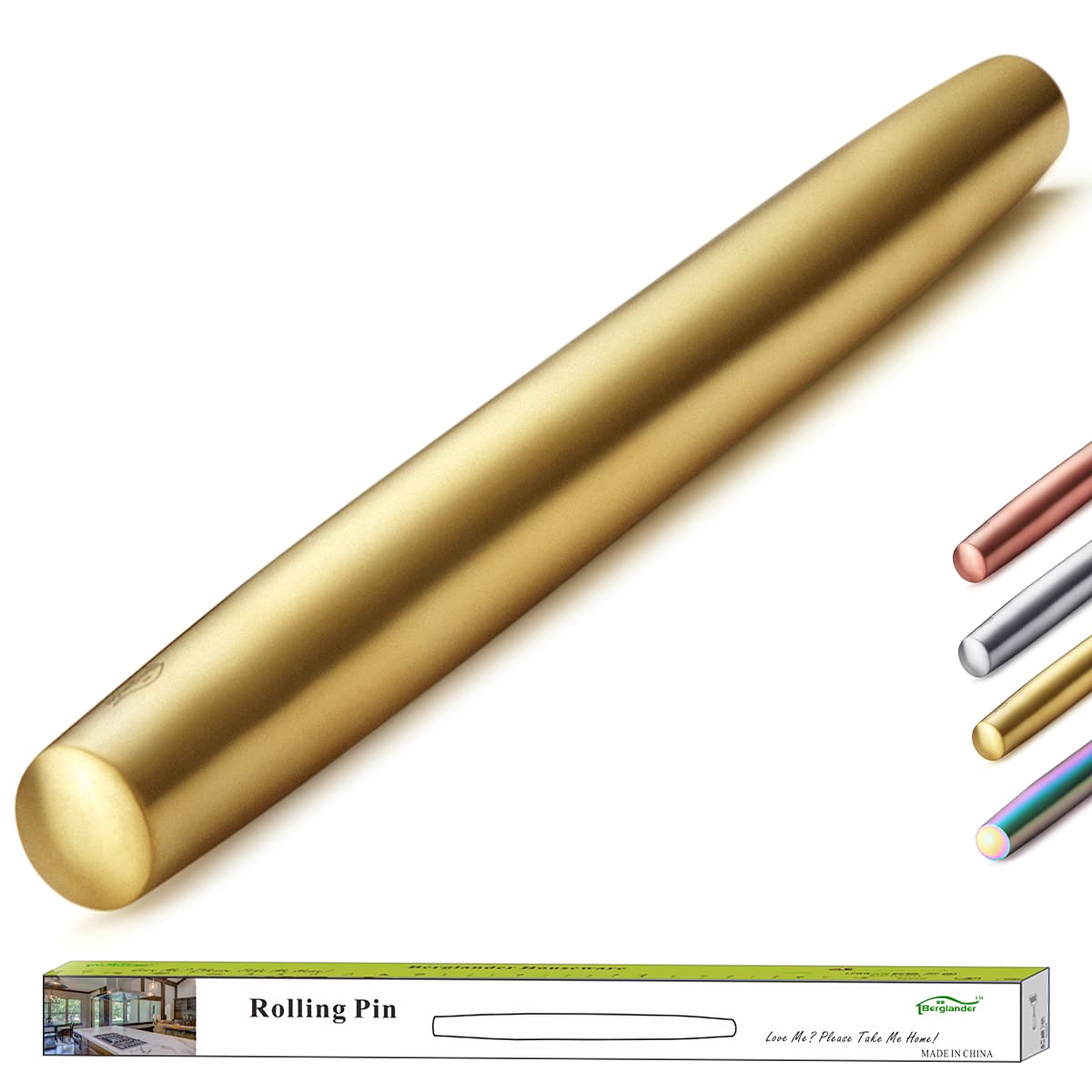 Berglander Gold Rolling Pin, 16.7 Inches Stainless Steel Matte Finish With Gold Titanium Plating Rolling Pin For Baking, Pizza,