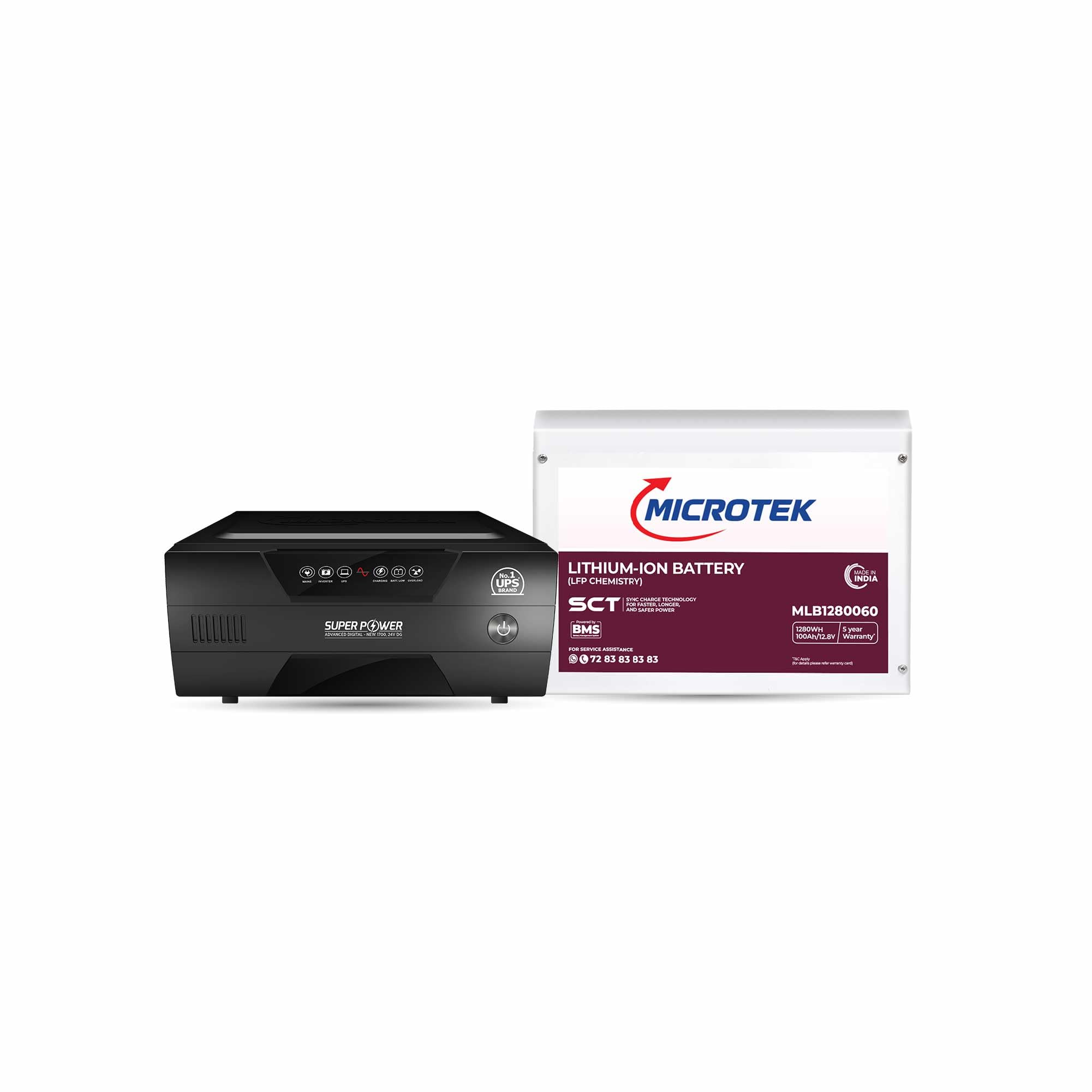 Microtek Combo - Super Power 1100 Advanced Digital Inverter (950Va/780W,12V) With Lithium-Ion Battery 12.8V/100Ah, 1280Wh Lifepo