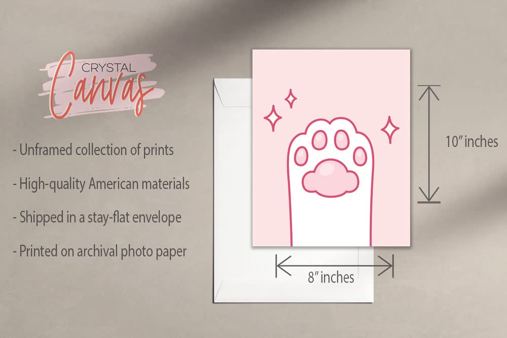 Crystal Canvas Prints Pink Cat Prints - Set Of 4 (8X10) Inches Glossy Kawaii Kitten Paw Beans Cute Minimalist Pastel Blush Carto