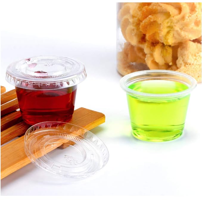 1 Oz Containers With Lids | Disposable Plastic Jello Shot Cups | Small Clear Plastic Condiment Cups For Sauce, Souffle, Salad Dr