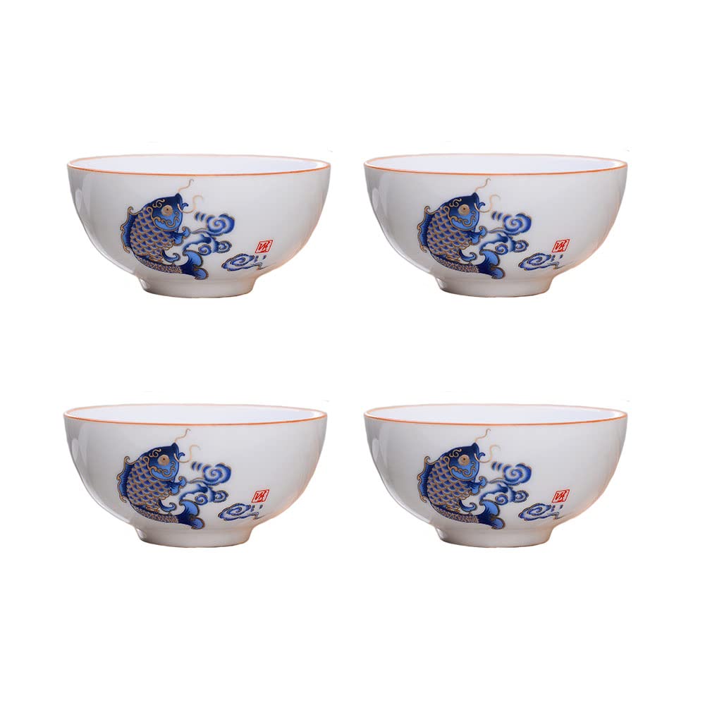 Liang Baobao Chinese Tea Tasting Cup Set Of 4, 2Oz White Porcelain Mini Cups For Gongfu Tea Ceremony (Fish Jump)