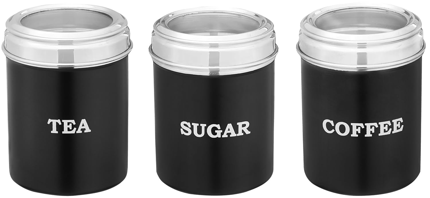 Amazon Brand - Solimo Stainless Steel See-Through Canister Set For Tea-Coffee-Sugar | Bis-Approved | 600Ml I Matte Black I Set O