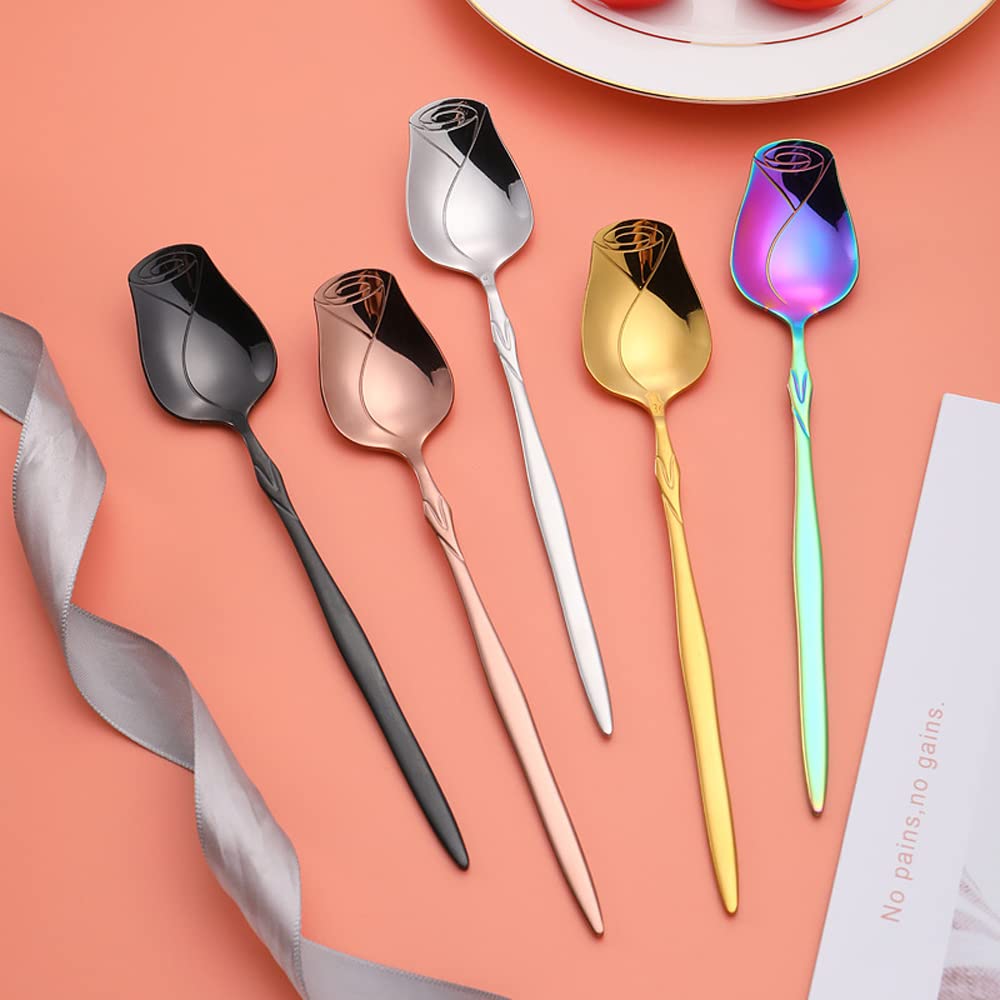 Stainless Steel Spoon Set 5 Pack, Rose Flower Shaped Spoon, Coffee Spoon,Dessert Spoon, Ice Cream Spoons, Tea Spoons,Love Spoon,