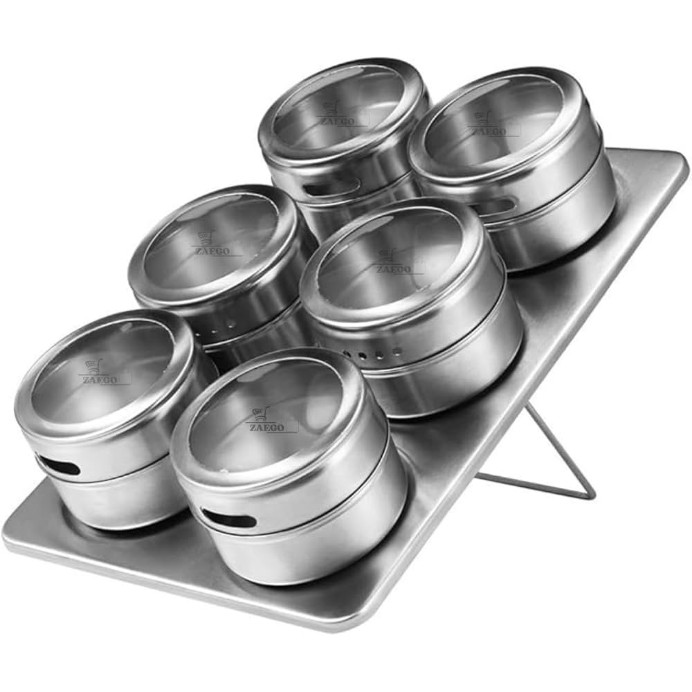 Zaego Multipurpose 6 Pieces Stainless Steel Magnetic Spice Rack Kitchen Storage Seasoning Masala Restaurants Dinnerware Organize