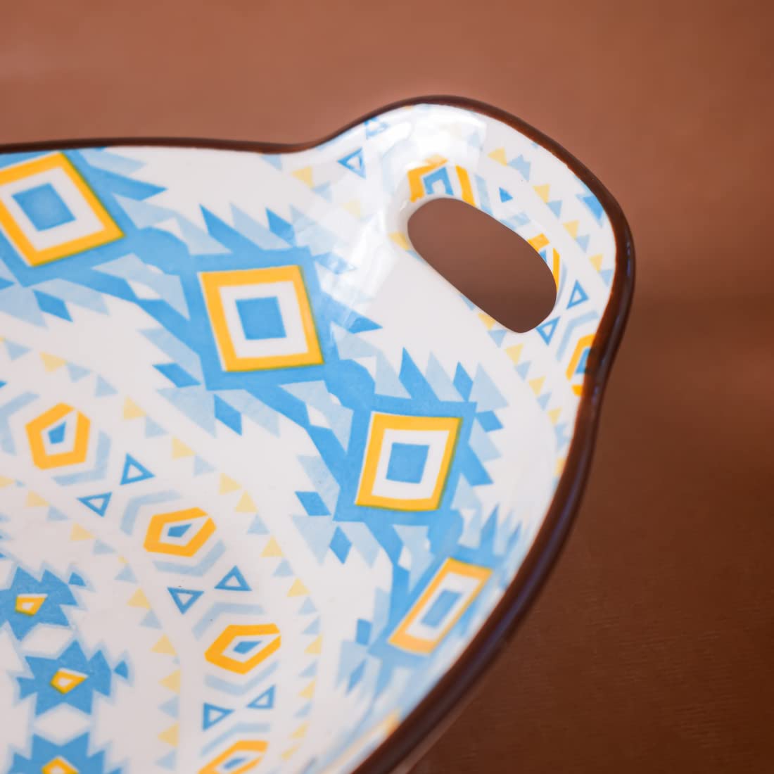 Nestasia Blue & Yellow Diamond Ceramic Long Dish with Handles for Serving Snacks, Appetizers, Salads, and Noodles| Microwave Saf