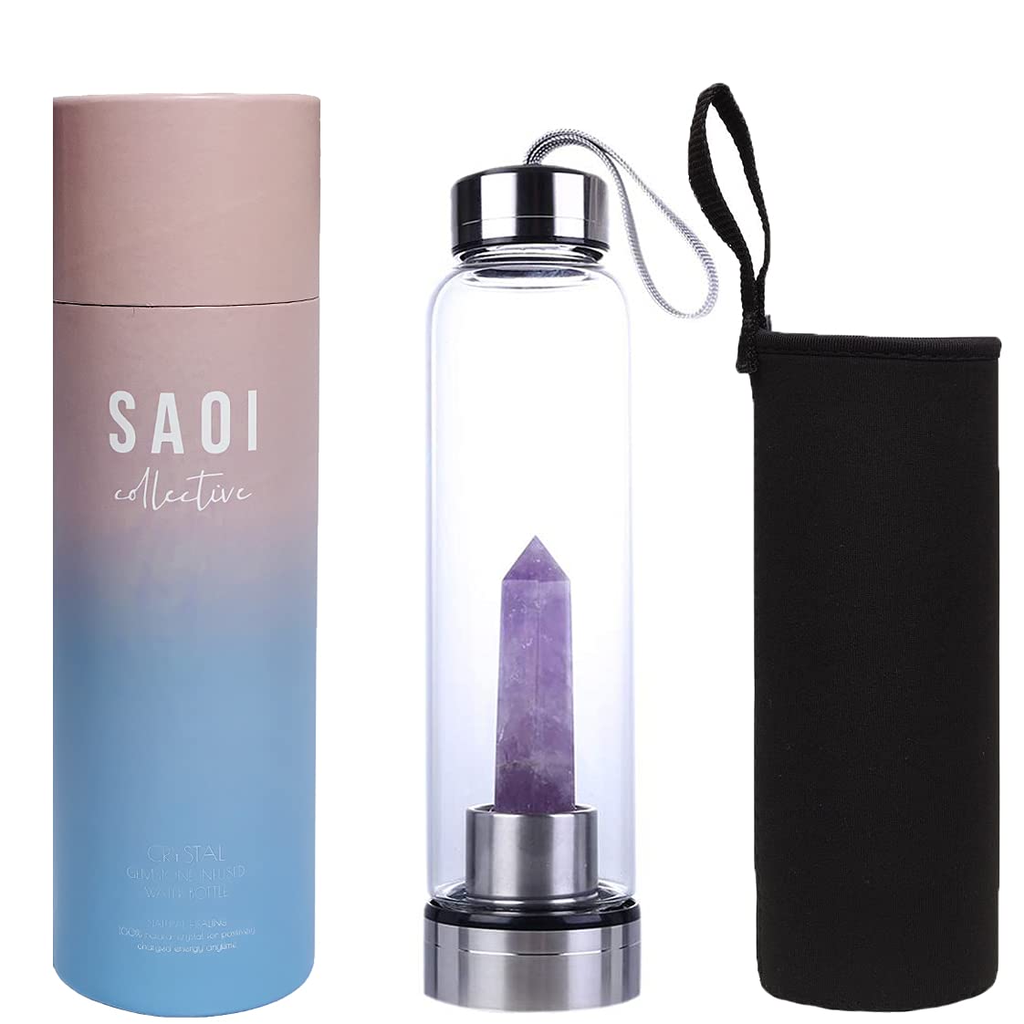 Saoi Crystal Water Bottle - Amethyst - Natural Wellness Healing - Glass/Stainless Steel
