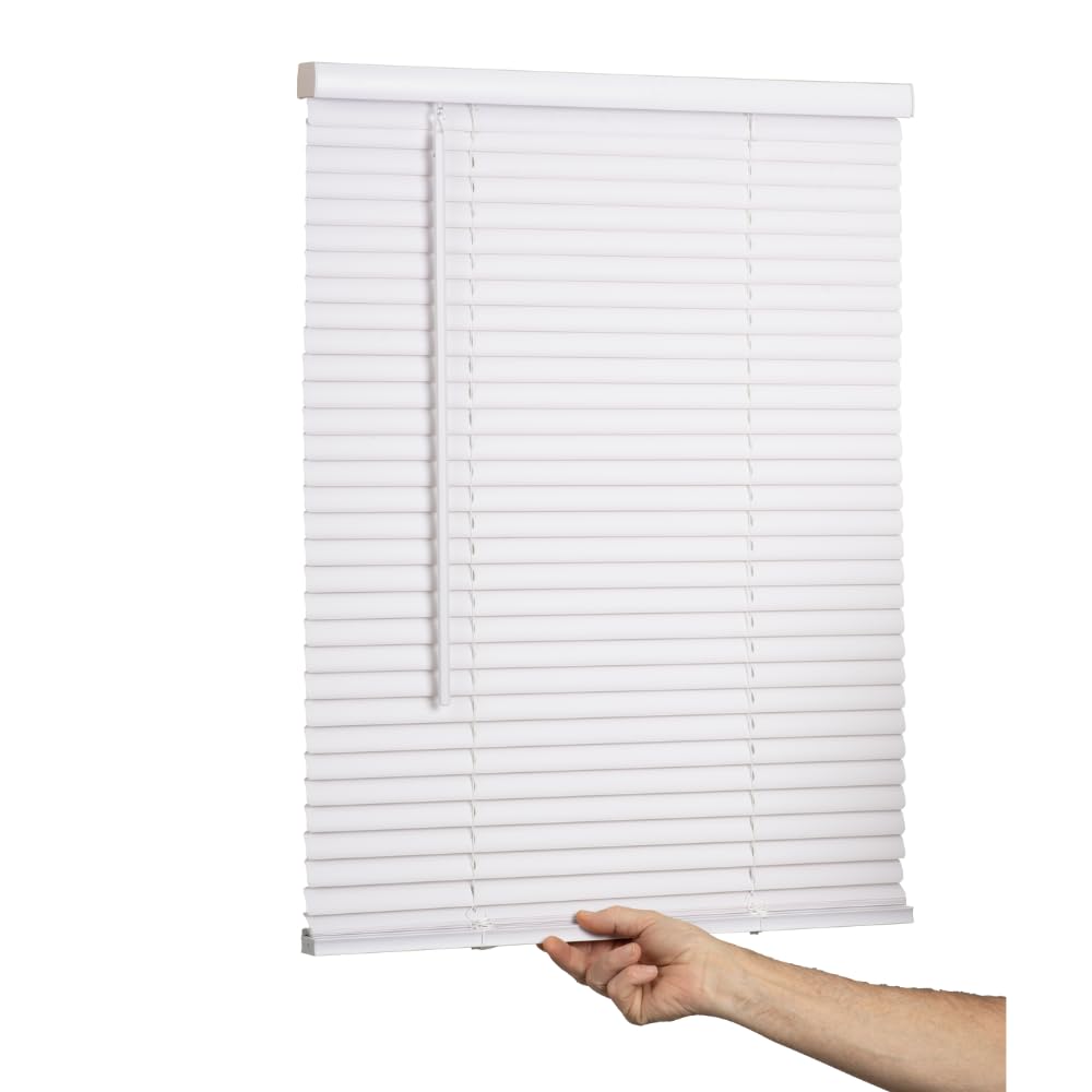 LOTUS & WINDOWARE Cordless Mini Blind, 1 Vinyl Slats, 35 Wide x 72 Long - White, Window Blinds for Home and Office, Interior Doo