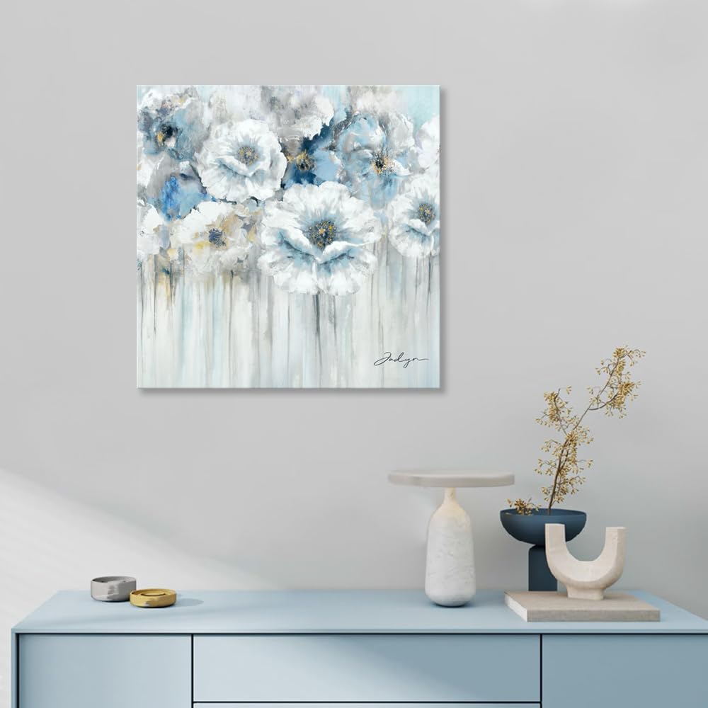 Abstract Flower Pictures Decor Wall Art - White Floral Canvas Print With Gold For Blue Bedroom Bathroom, Framed Size 24X24