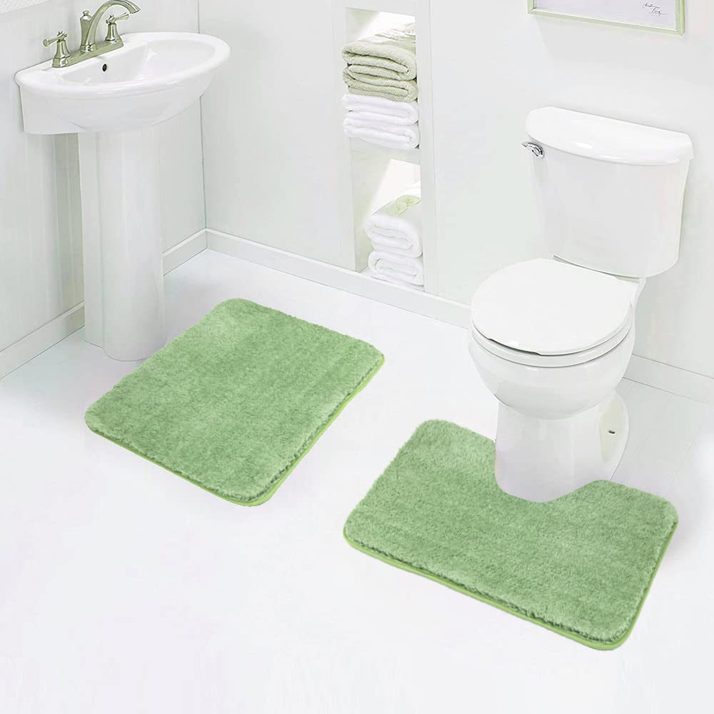 Walensee Shaggy 2 Piece Bath Rug Sets (Sage Green) 20 X 24 U Shape Contour Rug & 20 X 32 Bathroom Rug Machine Wash/Dry Bath Mats