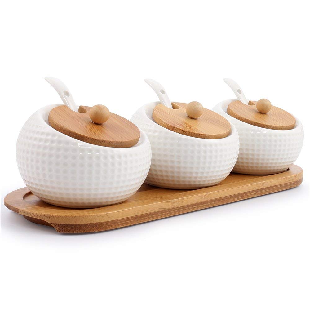 Porcelain Condiment Jar Spice Container with Lids  Bamboo Cap Holder Spot, Ceramic Serving Spoon, Wooden Tray Best Pottery Crue