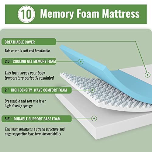 10 Inch Memory Foam Mattress King Mattress Wave Comfort Foam Mattress Certipur-Us Certified,Removable Soft Cover, Mattresses For