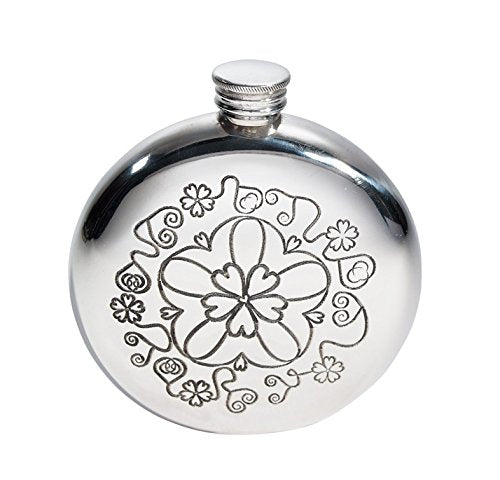 Wentworth Pewter  Yorkshire Rose Round Pewter Flask, Spirit Flask, 6oz Capacity