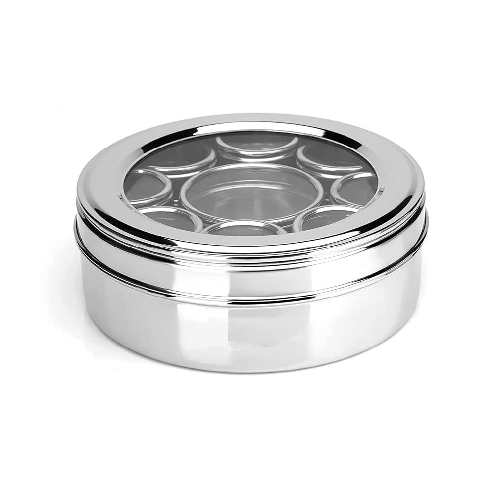 Eddika Stainless Steel Masala Box For Kitchen | Spice Box | Masala Dabba With See Through Lid With 9 Containers And Three Spoon 