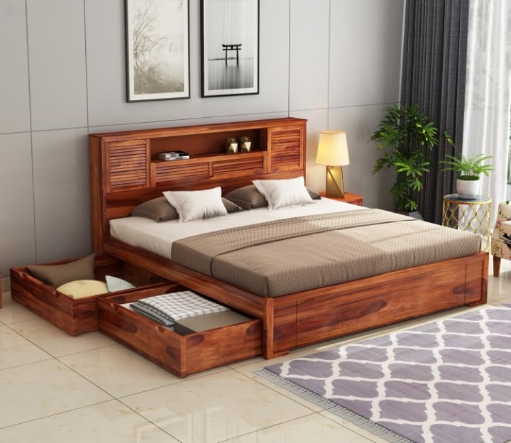 Kunjal Furniture Solid Sheesham Wood Bed With Headboard & Box Storage  Handcrafted Wooden Bed For Bedroom  Ideal For Home (Boh