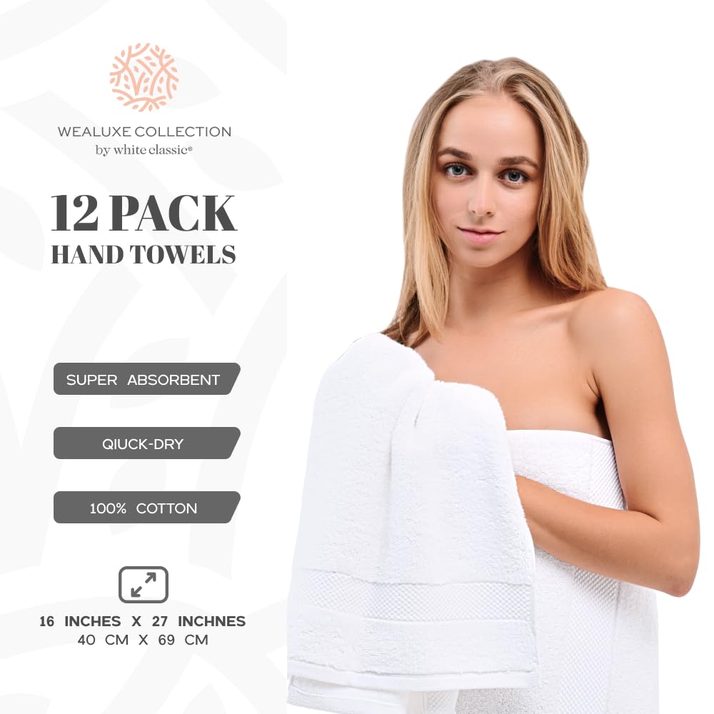 Wealuxe White Hand Towels For Bathroom [12 Pack] Cotton Hand Towel Bulk For Gym, Kitchen And Spa, 16X27 Inches Soft Highly Absor