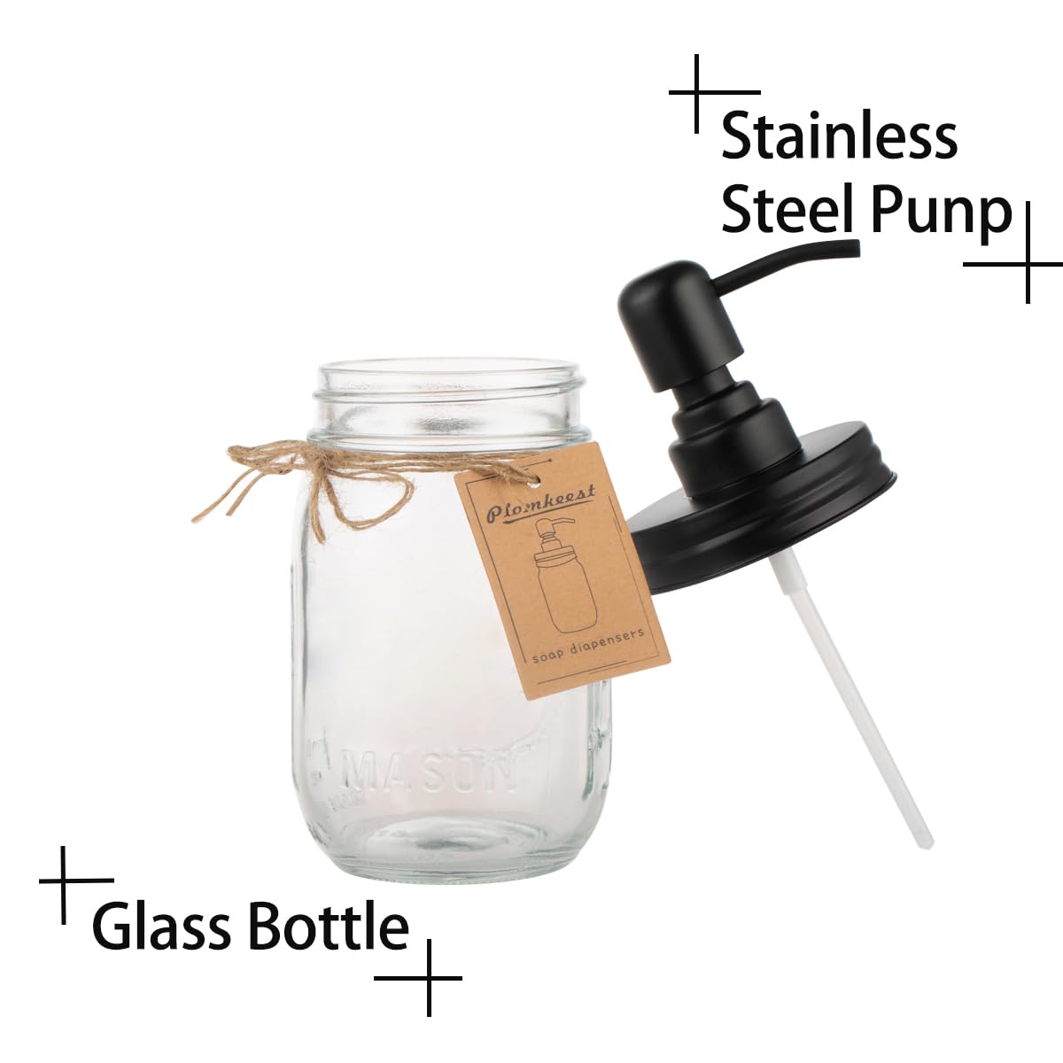 Plomkeest 2-Pack 16oz Mason Jar Soap Dispenser Clear Glass Jar Soap Dispenser with Stainless Steel Pump Liquid Soap Dispensers(Black)