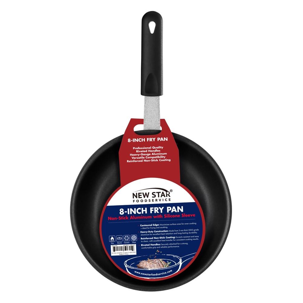 New Star Foodservice 8Inch Nonstick Aluminum Fry Pan with HeatResistant Handle Sleeve, 2.0Inch Depth