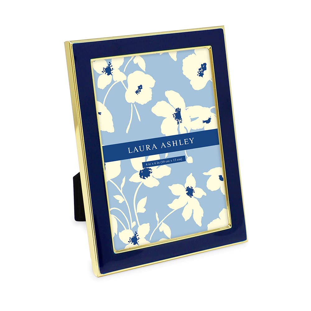 Laura Ashley 4x6 Navy Enamel Picture Frame, Gold Metal Edge with Easel, for Countertop, Counterspace, Tabletop Display, Bookshel
