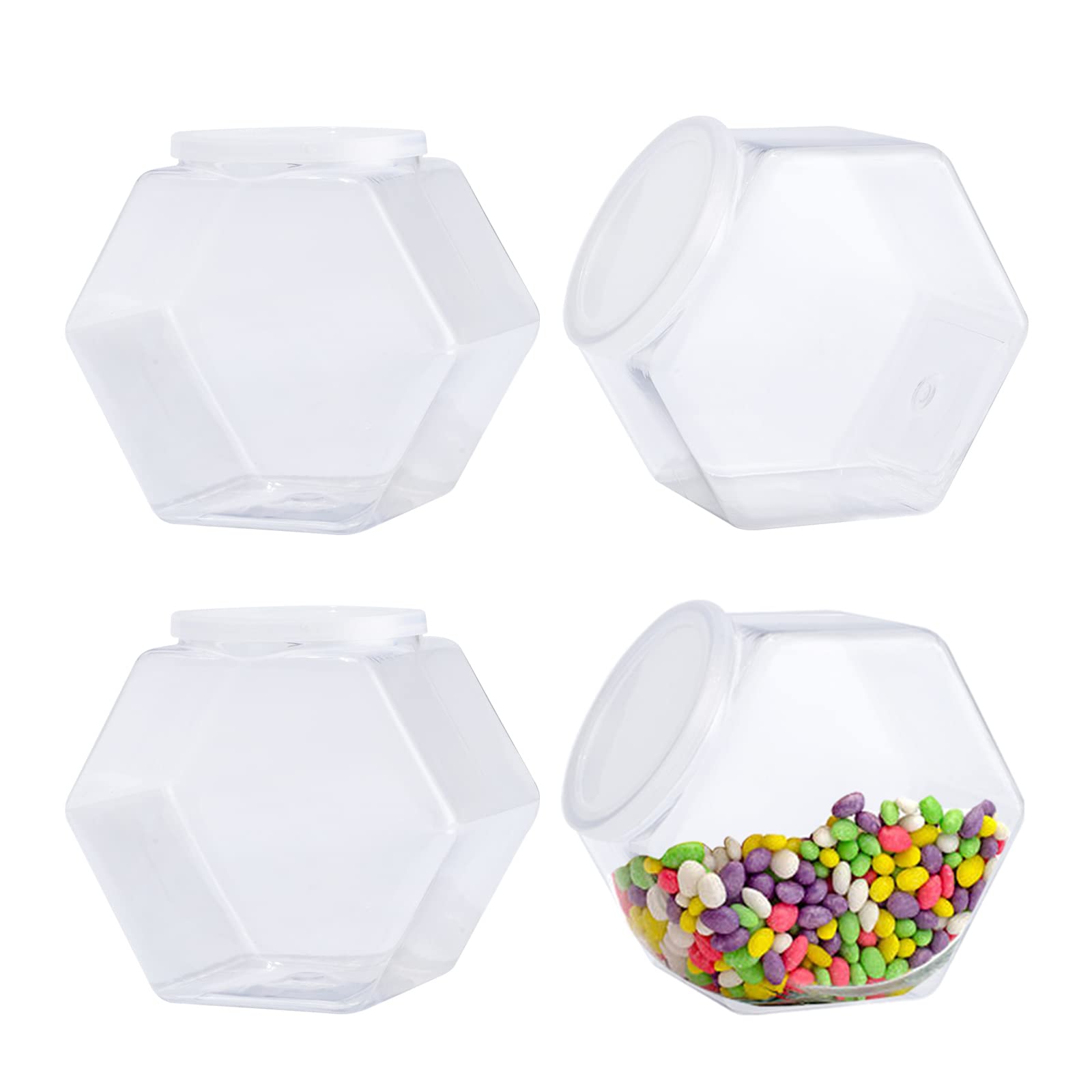 Cagsig Candy Jars With Lids 4 Pack Plastic Candy Jars With Lid, Hexagon Candy Jars Cookie Jars For Kitchen, Clear Candy Containe