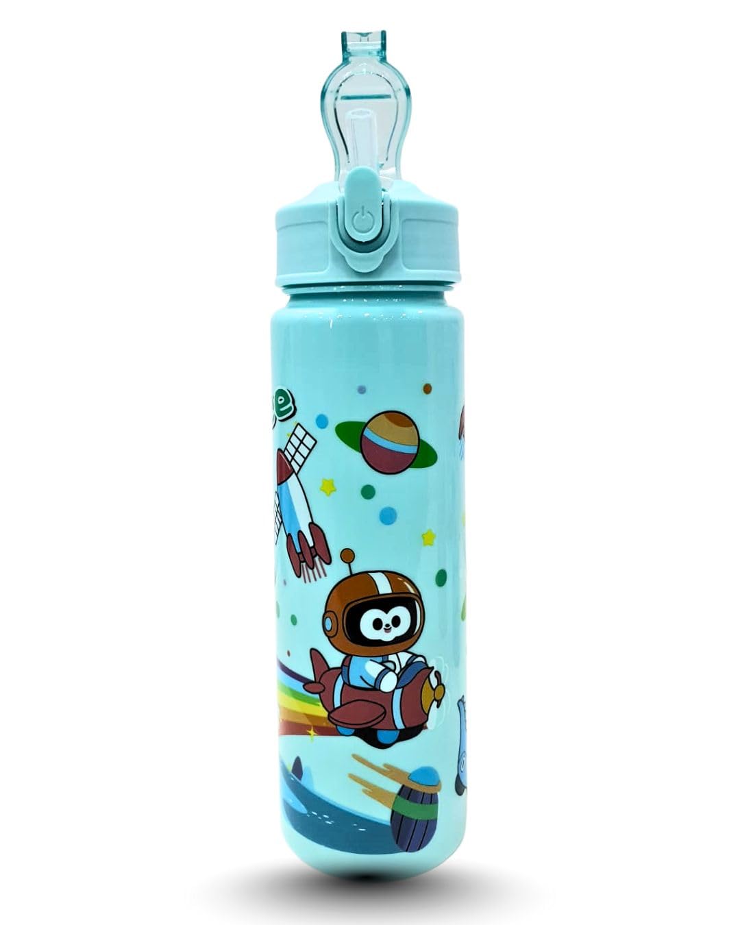 Kids Space Theme Water Bottle, Turquoise Blue Plastic Drink Container With FlipTop Lid, Astronaut And Planet Design, Push Butto