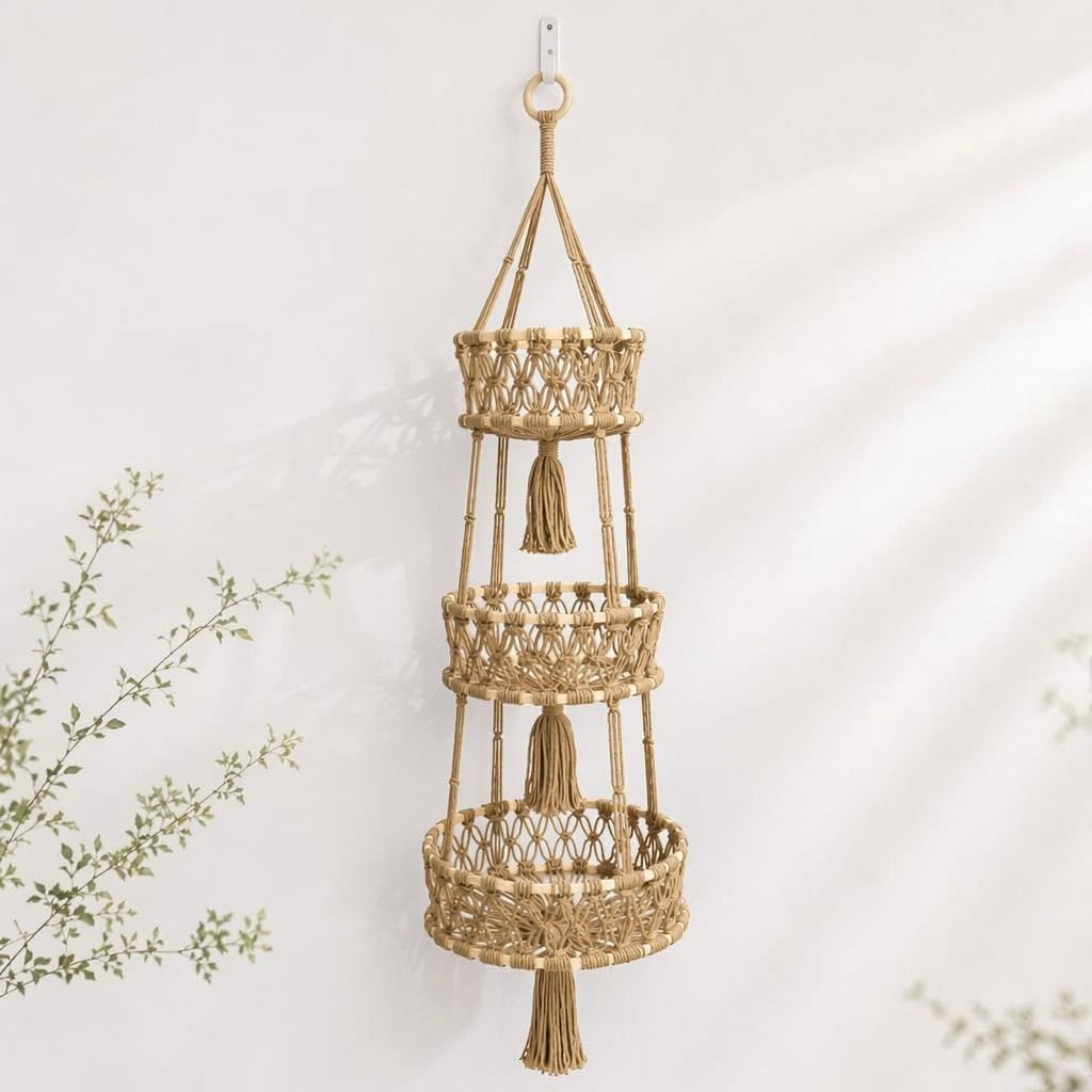 Juveoro Macrame Hanging Fruit Basket, 3Tier Boho Kitchen Storage (Khaki)