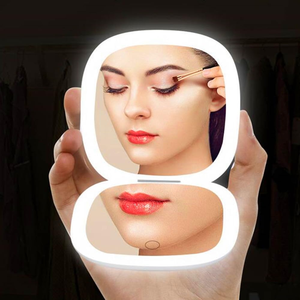 Mpowtech Led Compact Mirror With Light - 3.9 Inches Lighted Travel Makeup Mirror With 1X/10X Magnifying Double Sided Dimmable Us