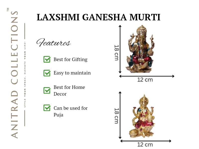 Anitrad Collections Big Size Laxmi Ganesh Idol | Metallic Finish Lord Ganesha & Laxmi Ji Murti For Pooja Room, Home Decor, Mandi