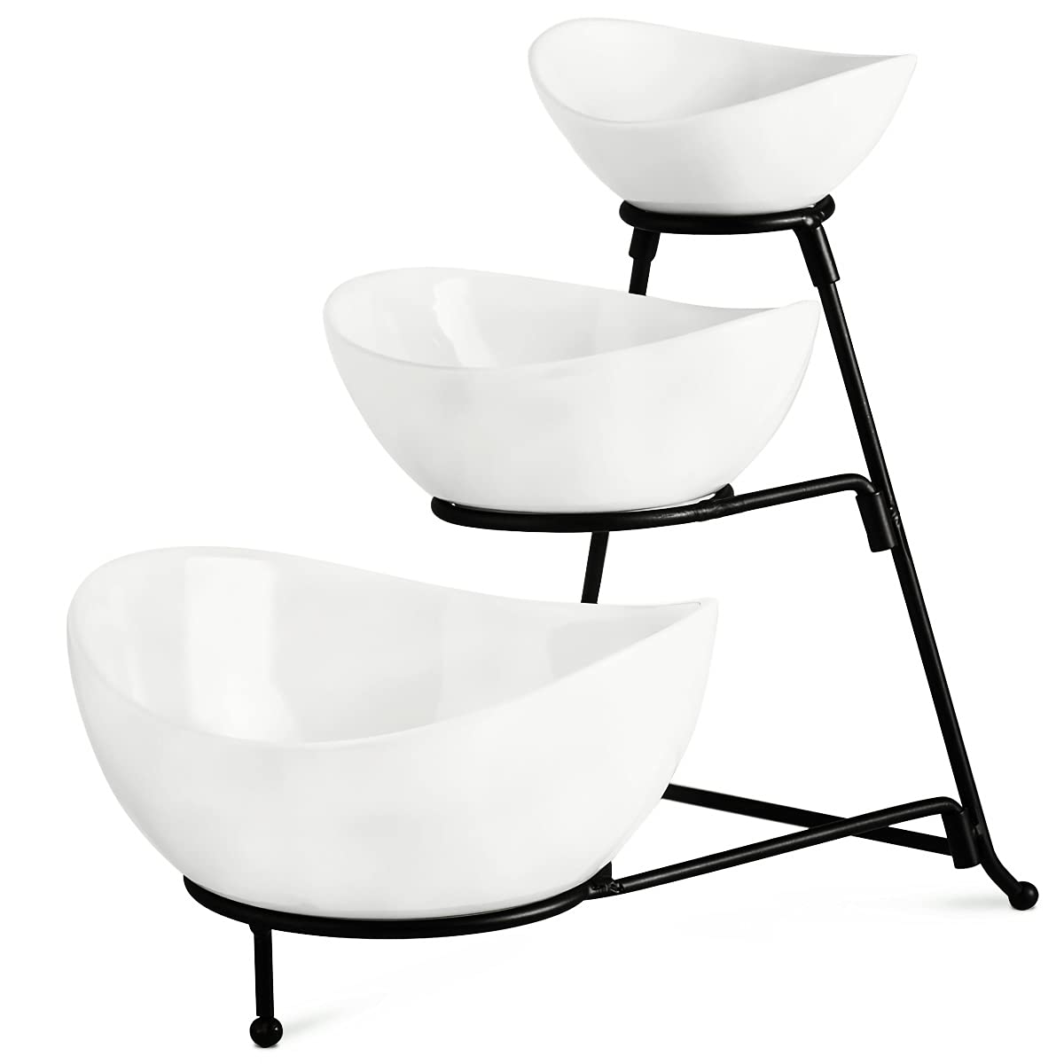 Yhosseun 3 Tier Serving Stand With 3 Oval Porcelain Serving Bowl Set With Collapsible Thicker Sturdier Metal Rack (Black)