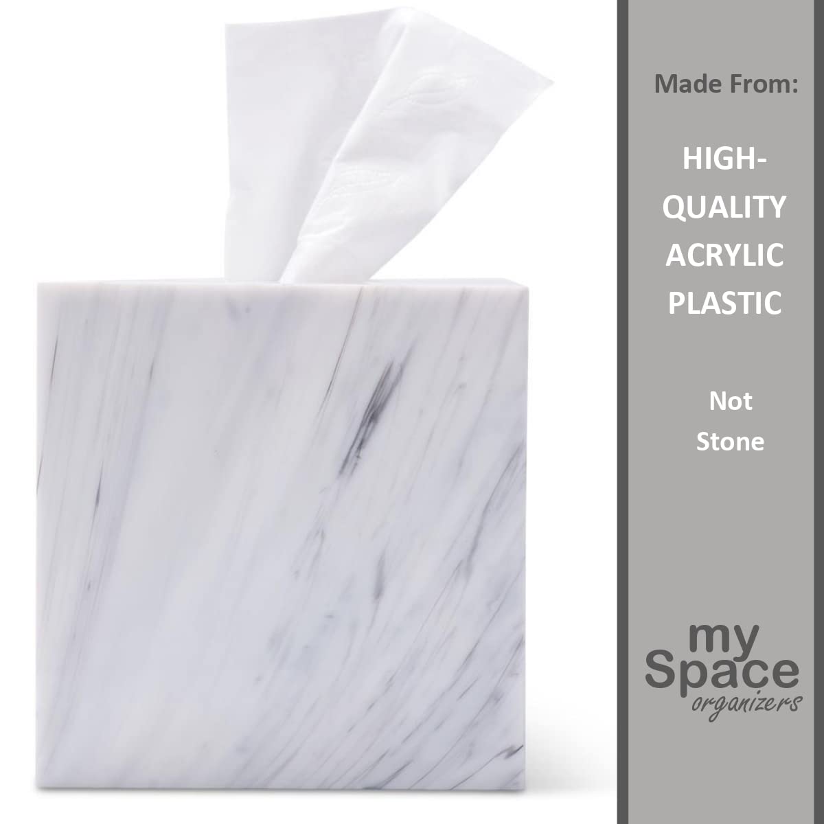 My Space Organizers Square Marble Tissue Box Holder for Bathroom and Living Room Decor, Model TBC - S - A - M