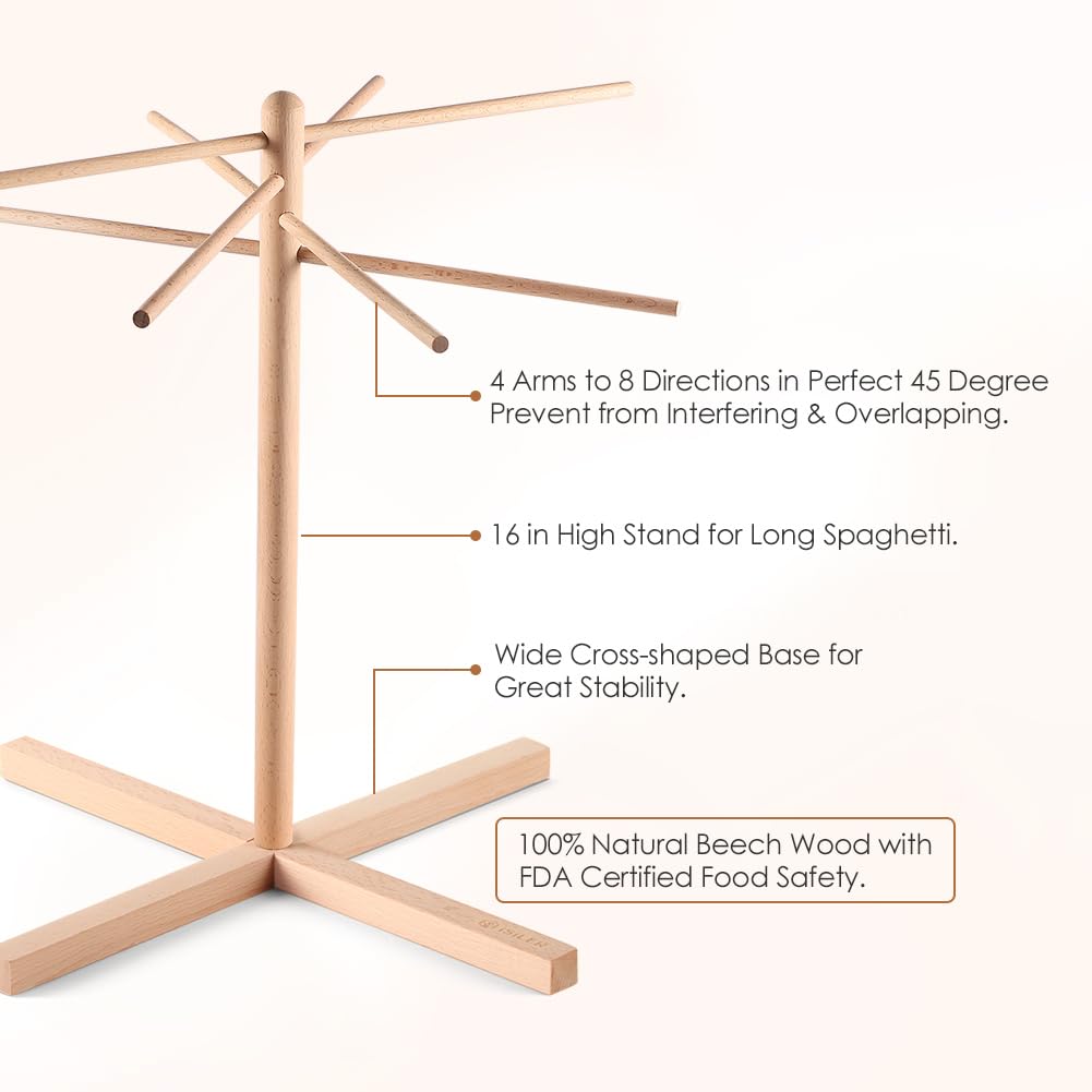 Isiler Natural Beech Wood Pasta Drying Rack With 8 Branches, Easy To Transfer For Drying Pasta And Spaghetti, Special Suspension
