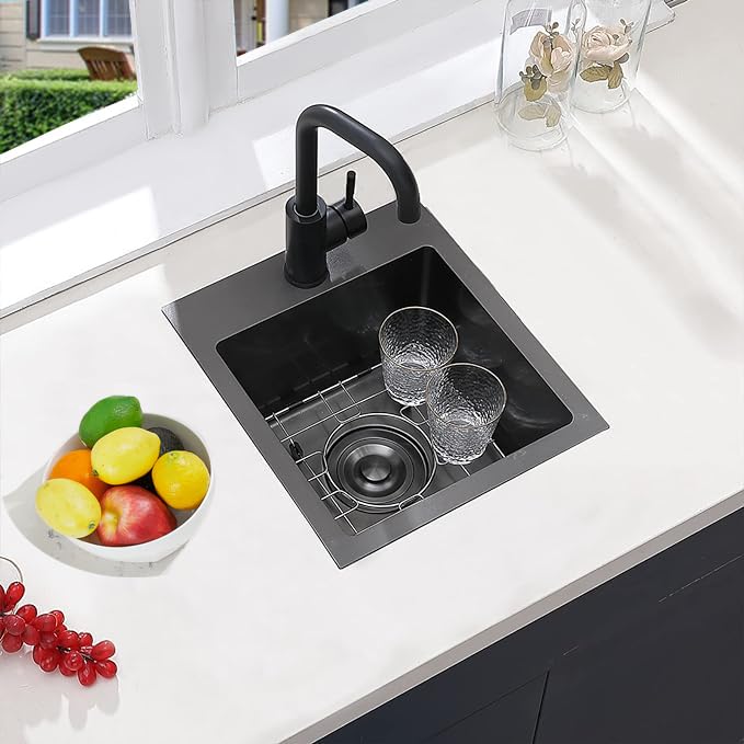 Vccucine Gunmetal Black Bar Sink Drop In, 15 X 15 Inch Topmount Rv Small Kitchen Sink, 16 Gauge Overmount Stainless Steel Wet Ba
