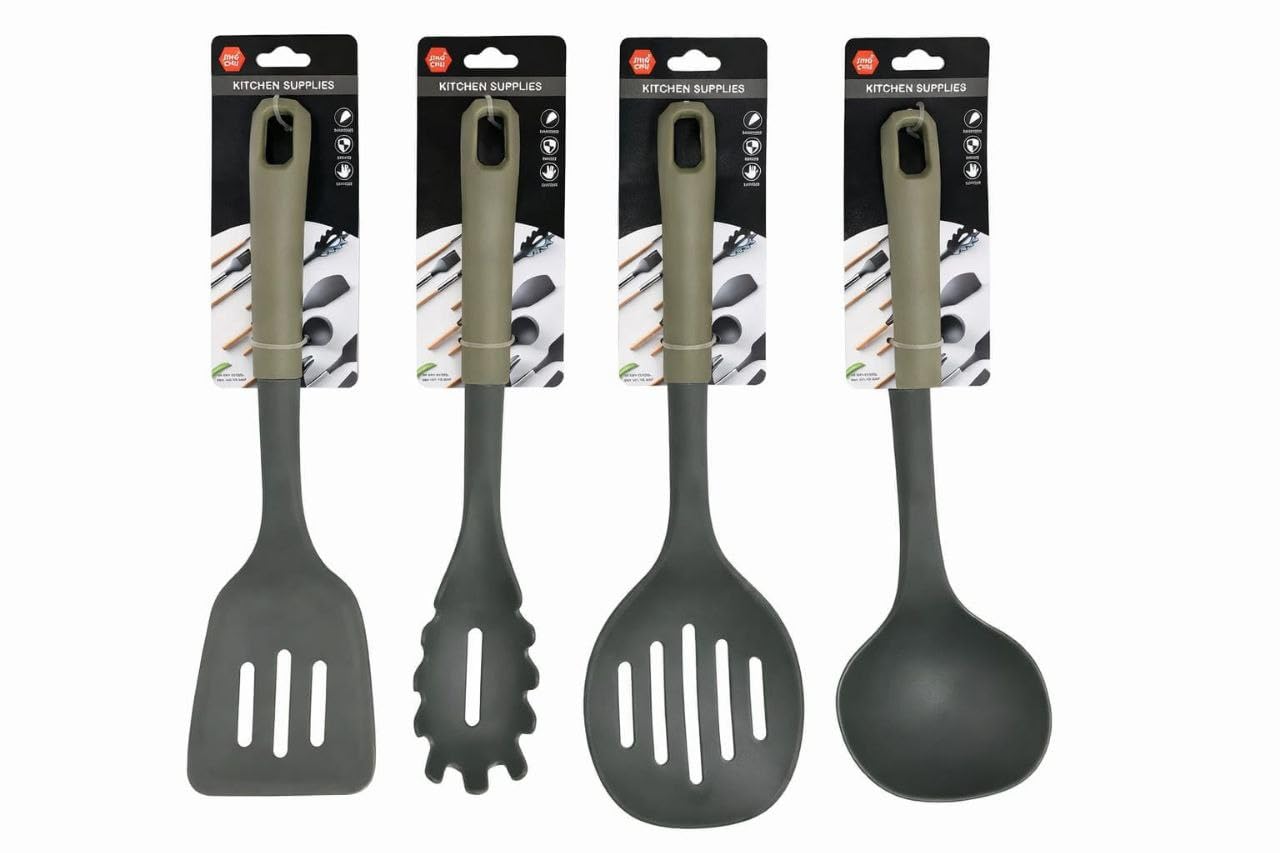 Glixon Silicone Cooking Utensils Set (4 Pieces) | Non Stick & Heat Resistant Kitchen Tools | Long Handle Spatula, Ladle, Pasta S