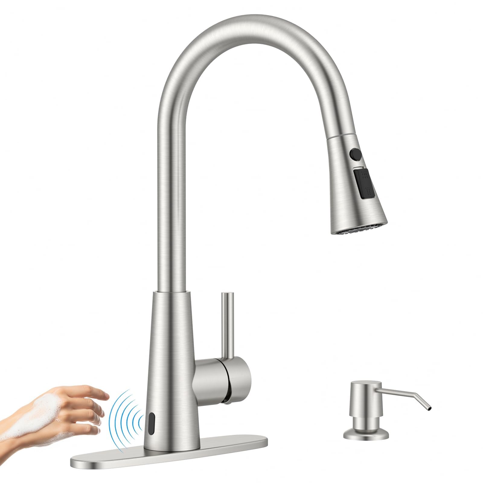 APPASO Touchless Kitchen Faucet with Soap Dispenser Brushed Nickel, Side Motion Sensor Kitchen Faucet, Single Hanle 3-Mode Hands