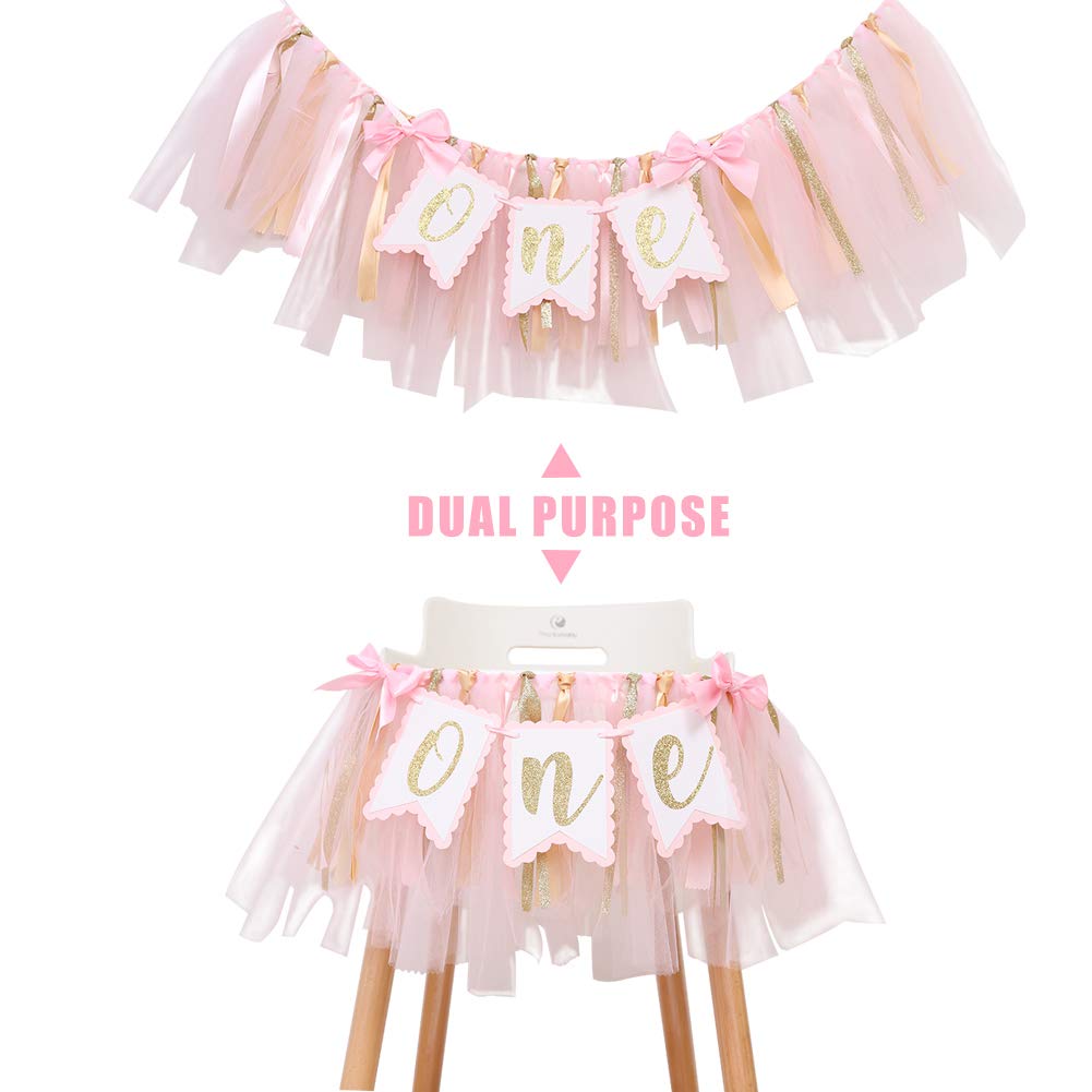 Highchair Banner 1St Birthday Girl - Tulle And Ribbon Banner For First Birthday, Cake Smash Photo Prop, Party Supplies (Pink)