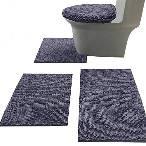 Madeals Chenille Bath Rug Set with Toilet Lid Cover and U-Shaped Toilet Floor Rug, Dark Gray