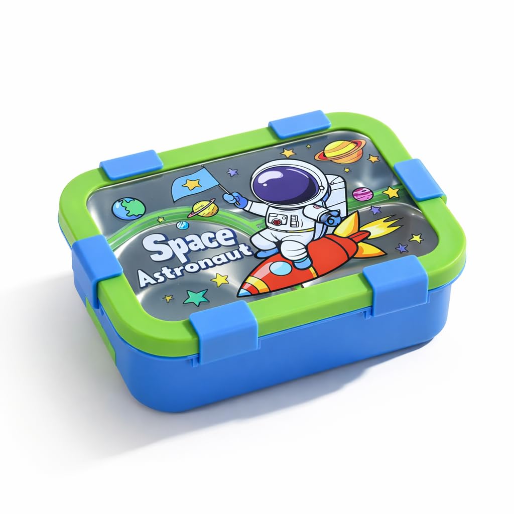 Kitchease Kids Lunch Box With 2 Compartments | 600Ml Astronaut Cartoon Print Stainless Steel Bento Box For School | Leak-Resista