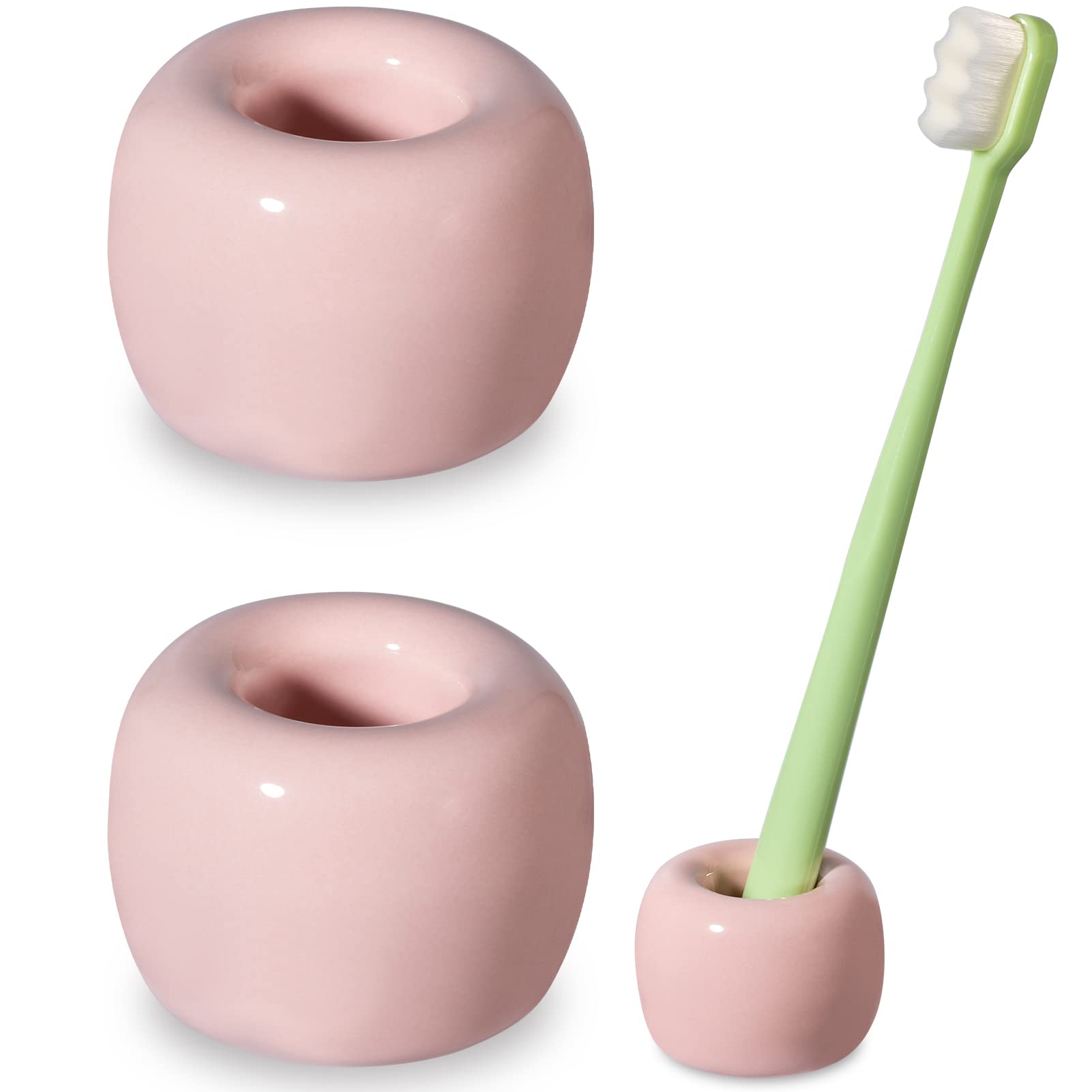 Urbanstrive Sleek Mini Ceramics Toothbrush Holder Stand for Bathroom Vanity Countertops (Pink 2-Pack)