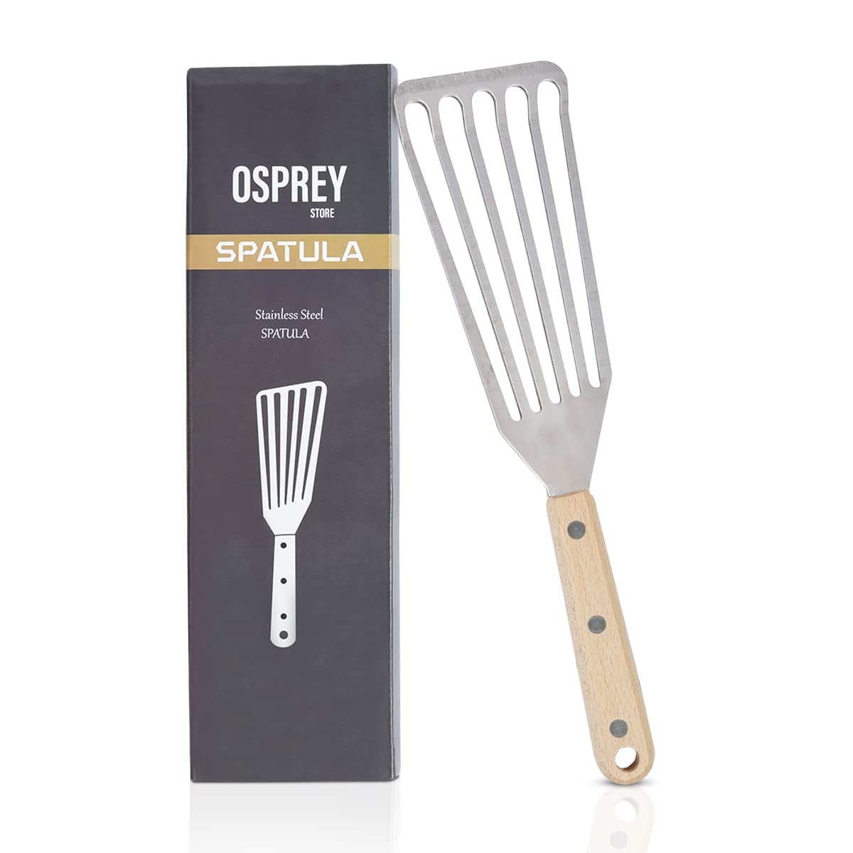 Osprey Wooden Handle Fish Spatula With Stainless Steel Slotted Turner, Wide Thin And Lightweight Fish Turner For Flipping And Tu