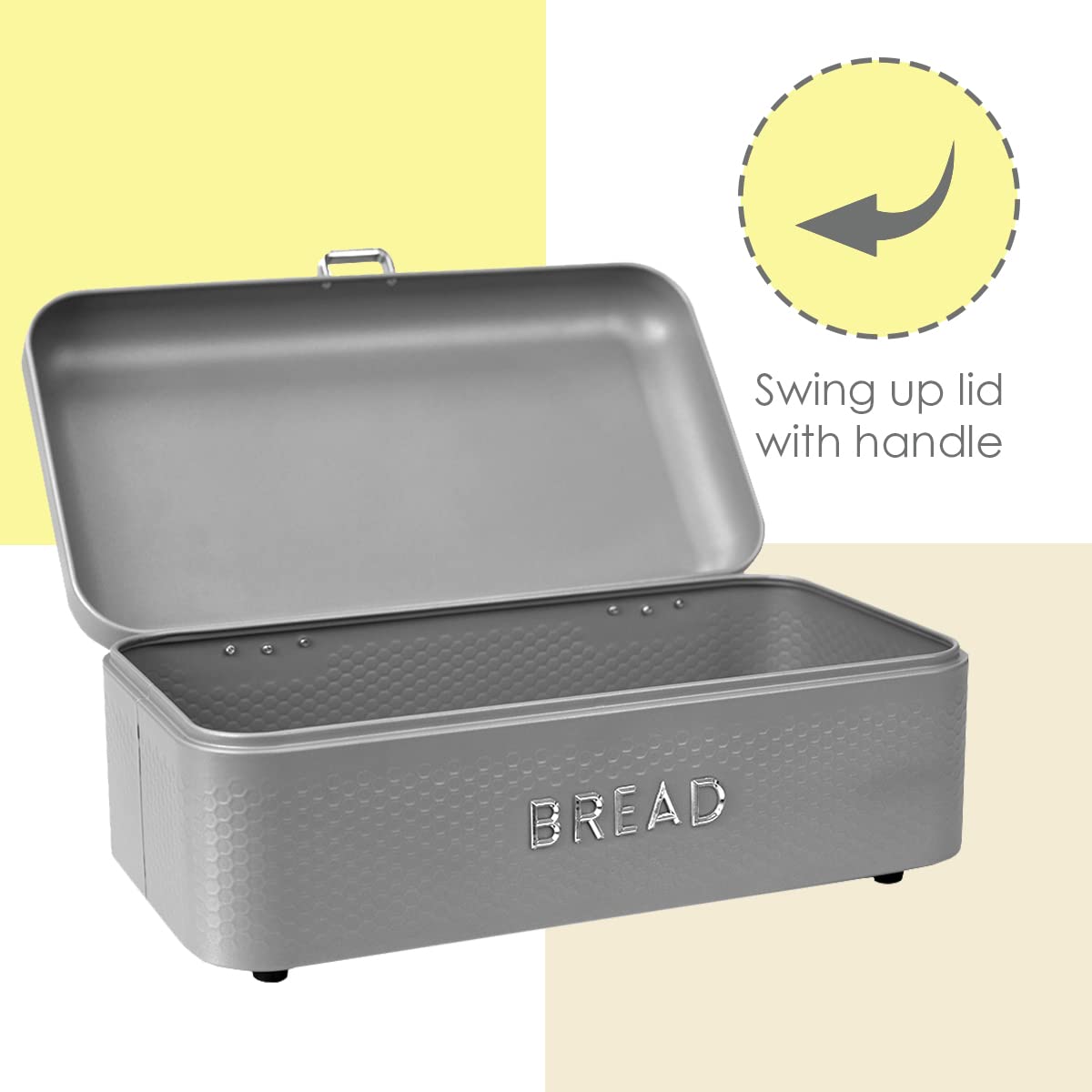 Home Basics Soho Bread Box For Kitchen Countertop, Metal, (Grey), Vented With Hinge Top | Large Bread Box | Keeps Loaves, Bagels