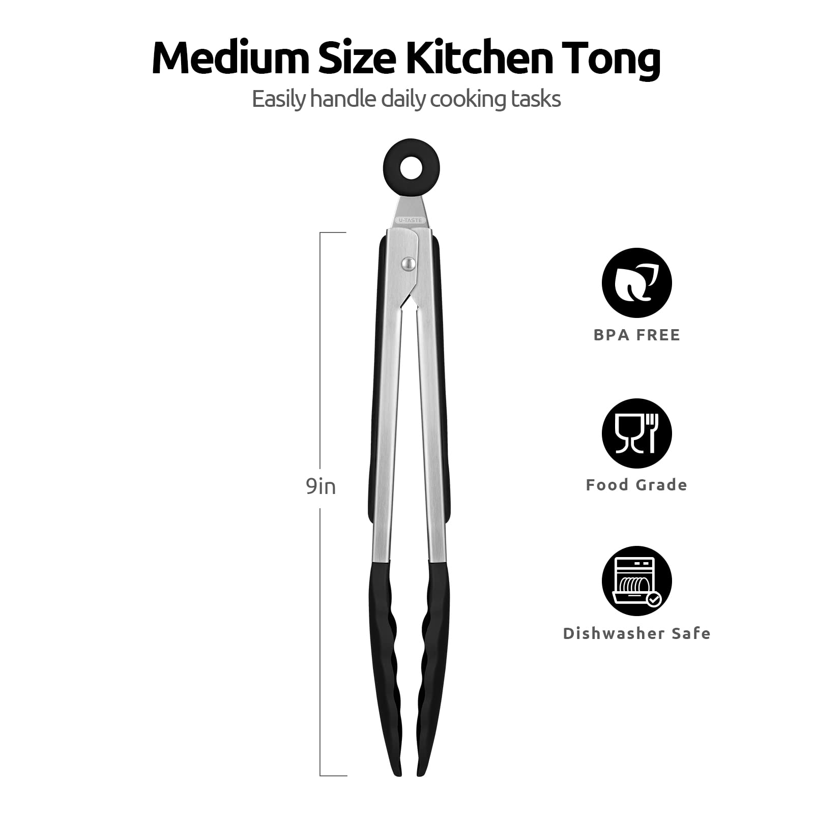 600F Heat Resistant Kitchen Tongs: U-Taste 9 Inch Silicone Cooking Tong With Firm Sealed Non Stick Rubber Tips & Silicon Coated
